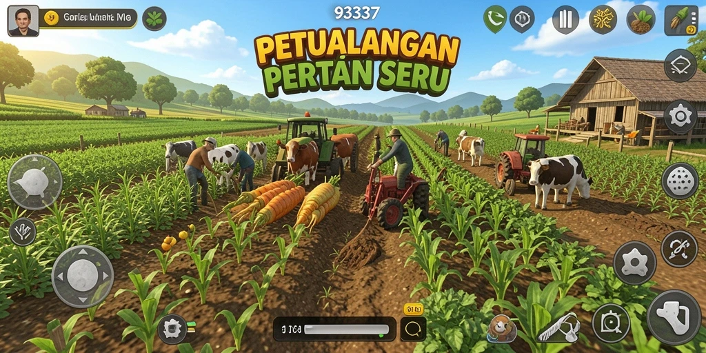 Tampilan utama gameplay yang menunjukkan aktivitas pertanian yang menarik.
